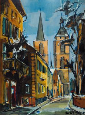 Hans-Rolf Peter, geb. 1926 Neustadt/Weinstr. , Öl/Malkarton, Ansicht der Stiftskirche in Neustadt, signiert und datiert 73, rückseitig ...