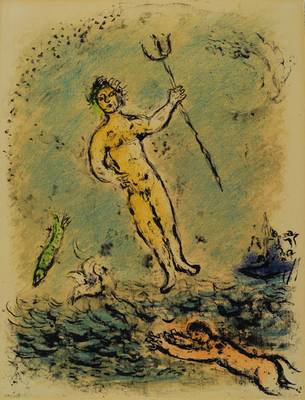 Marc Chagall, 1887-1985, Poseidon, Farblithographie aus der Serie Odyssee 1974- 75, num. 238/250, leicht gebräunt, ca. 42x32cm, unter Glas, Rahmen