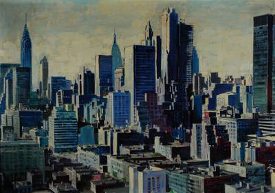 Wellenreiter, Maler der 1960er Jahre, Blick auf Manhattan mit einem der im Bau befindlichen Türme des World Trade Center, Öl/Lwd, rechts unten ...