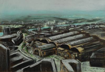 Claus Böhm, zeitgenössischer Künstler, Blick auf den Frankfurter Hauptbahnhof, Pastell, signiert und dat. 82, ca. 70x90cm, unter Glas, Rahmen, ...