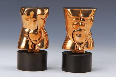 Miguel Berrocal, 1933 - 2006, Otto und Otra, zwei Skulpturen, männlicher und weiblicher Torso, signiert, 79/999, H. 12 cm