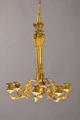 Deckenleuchter, Frankreich, um 1870, Bronze, Mittelstab z.T. sechseckig geformt, mit angesetzten Applikationen in Form von Rocaillen und Blättern, ...