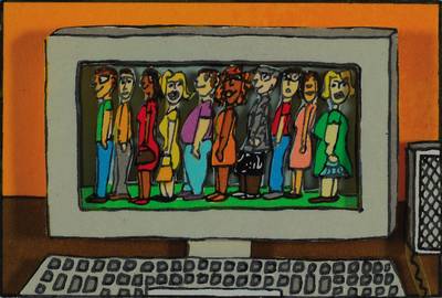 James Rizzi, 1950-2011, "Inline online", dreidimensionale Farblithografie von 2002, handsigniert und num. 239/350, ca. 5x7.5cm, unter Glas, ...