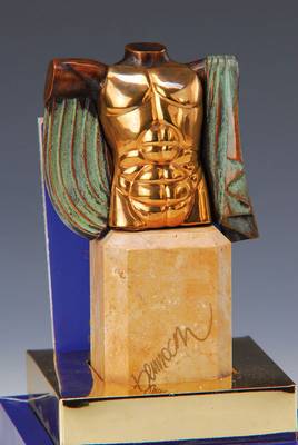 Miguel Berrocal, 1933-2006, Eros, Bronzeskulptur mit vergoldetem und abnehmbaren Brustpanzer, num. 1304/14999, Edition Les Beaux Arts, hier aber mit ...