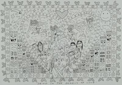 James Rizzi, 1950-2011, Send in the Angels of Love, Tuschfeder auf Papier, Unikat, rückseitig signiert, ca. 20x28cm, unter Glas, Rahmen