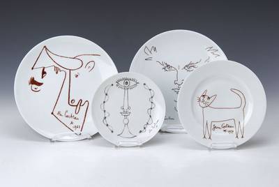 Jean Cocteau, 1889-1963, 4 Porzellanteller, Limoges, mit Motiven von Jean Cocteau, gemarkt galerie international, D.ca. 24/24/ 20/16cm