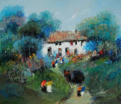 Unbekannter zeitgenössischer Maler, Personen auf dem Weg zum Bauernhaus, Öl/Lwd, links unten unleserlich signiert, ca. 60x70cm, Rahmen