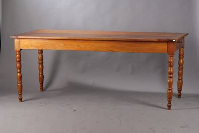 Tisch, deutsch um 1840/50, Kirschbaum furniert u. massiv, 1-schübig, reich gedrechselte Beine, integ. Ausziehplatte aus Eiche, ca. 80x198x88 cm