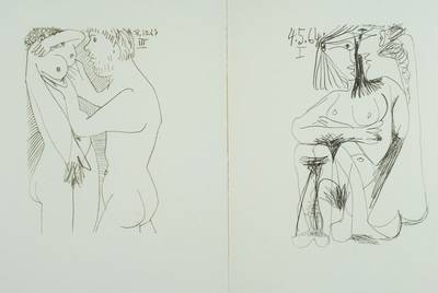 Pablo Picasso, 1881 -1973, zwei Lithografien, Aktdarstellungen, je im Stein datiert 1964, unter Glas gerahmt, jeweils ca. 32x25cm