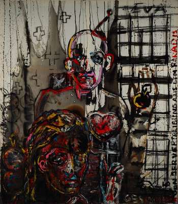 Heiko Pippig, geb. 1951 Mosbach, "Geschichte von der Vertreibung aus dem Paradis", Acryl/Lwd., monogrammiert HP, mit Zertifikat, ca. ...