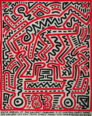 Keith Haring, Plakat Keith Haring at fun Gallery, silber Farben handsigniert, ca. 73,5x58 cm, unter Glas gerahmt, Galerierahmen