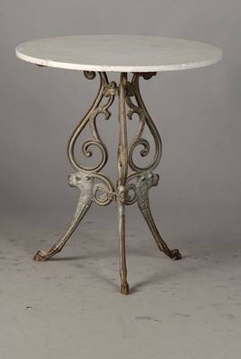 Tisch, Darmstadt, um 1900, Jugendstil, dreipassiger Fuss, grau gefasst, weisse Marmorplatte, diese bestossen, ca. 72x45cm