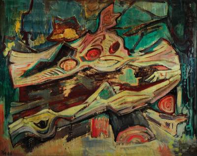 K. Heiduck o.ä., datiert 1966, Stillleben mit Baumstumpf, rückseitig so betitelt, Öl/Lwd, monogrammiert, ca. 80x100 cm, Rahmen