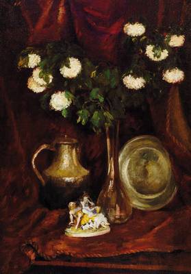 Unbekannter Maler des frühen 20. Jh., Stillleben mit Kanne, Teller, Blumen und Porzellanfigur, Öl/Lwd, unsigniert, ca. 100x70cm, Rahmen