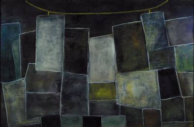 Odette Buvat, zeitgenössische Künstlerin, Abstrakte Komposition, Öl/Holz, rückseitig signiert und betitelt "Segments noirs", ca. 67x102 ...
