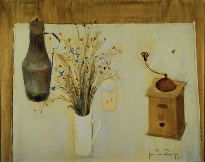 Jean Pierre Zingg, geb. 1925, Stillleben mit Blumen und Kaffeemühle, Öl/Lwd, rechts unten signiert, ca. 65x82 cm, Rahmen