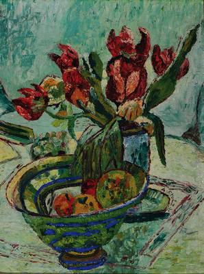 Albert Stolz, 1875 Bozen-1947, Stillleben mit Tulpen und Obstschale, Öl/ Hartfaser, seitlich rechts signiert und datiert 36, ca. 44x33.5 cm, Rahmen