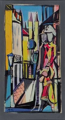 Rolf Müller-Landau, 1903-1956 Bad Bergzabern, Stadtansicht mit spazierendem Paar, Gouache auf Papier, links unten monogrammiert, ca. 25x14 cm, unter ...
