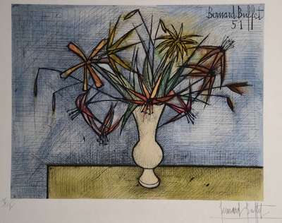 Bernard Buffet, 1928 Paris-1999 Tourtour, Bouquet des fleurs, Farblithographie von 1951, handsigniert und num. V/X, ca. 44x57cm, unter Glas, Rahmen