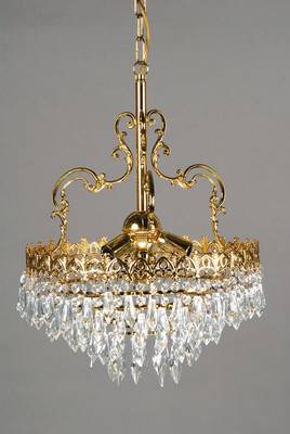Deckenlampe, 2. Hälfte 20. Jh., Messing, reiches Glasgehänge, H. 55 cm, D. 43 cm, intakt, jedoch ungeprüft