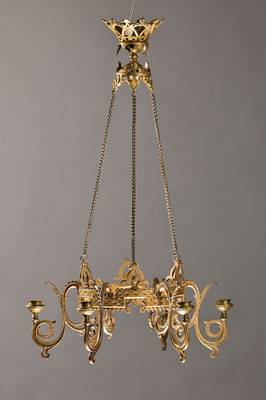 Deckenleuchter, Frankreich, um 1900, Metallguß bronzefarben patiniert, Akanthus Knospen Dekor, 6 Brennstellen für Kerzen, H. ca. 71cm, D. ca. 44cm