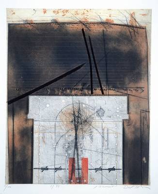 Karl Fred Dahmen, 1917-1981, "Germat", Radierung, handsigniert und nummeriert 31/100, datiert 1974, Plattengr. ca. 58,5x48,5 cm, unter Glas ...