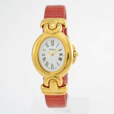 TABBAH Damenarmbanduhr Copacabana, Schweiz um 1995, verg. Metallgeh. inkl. Lederband, Boden 4-fach verschr., quartz, Mineralgl., emailfarb. Zifferbl. ...