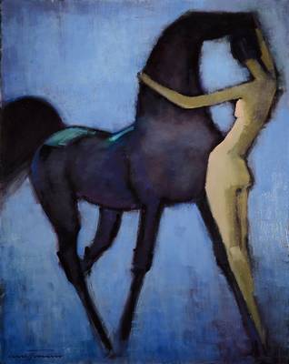 William Maltman 1901-1971, Frauenakt mit Pferd, Öl/Lwd., wohl Spätwerk aus den 60er Jahren, verso mit altem Etikett IDM Interessenvertretung ...