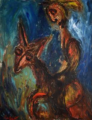 Ruben Talberg, geb. 1964, Reiter auf surreal anmutendem Reittier, Öl/Lwd, signiert, ca. 95x73 cm, Rahmen