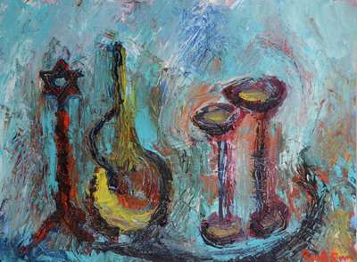 Ruben Talberg, geb. 1964, Stillleben mit Davidstern, Karaffe u. Pokalen, Öl/Lwd, rechts unten signiert, ca. 40x50 cm, Rahmen