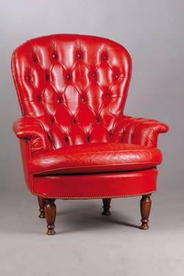 Sessel, um 1960, im englischen Stil, rotes Leder in der Lehne genoppt, Sitzkissen doppelt geborgt, Balusterbeinchen, Gebrauchsspuren ergeben sich in ...