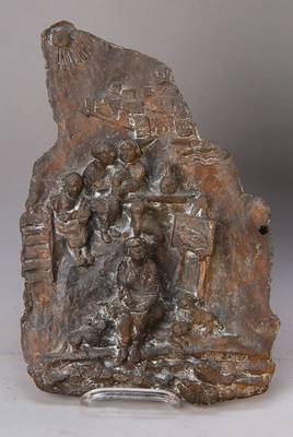 Lothar, Dietz, 1896-1976, Münchner Bildhauer, Bronzerelief von bäuerlicher Szene, asymmetrisch angeordnete Uferlandschaft mit Fischen, dahinter ...
