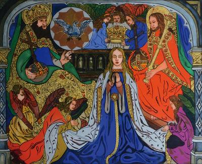Richard Schwarz, zeitgenössischer Künstler aus Landshut, Die Krönung der Hl. Maria, Hinterglasmalerei, links unten signiert, ca. 31x38cm, Rahmen