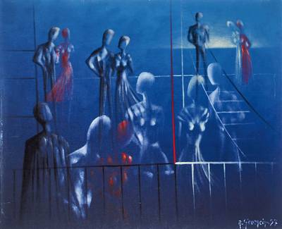 Raymond Georgein, 1920-2002, Surrealistische Komposition mit Figuren, Acryl auf Lwd, rechts unten signiert und datiert 57, ca. 60x73cm, Rahmen