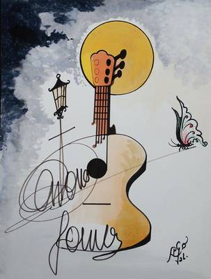Antonio Gomez Val "Agoval", Alicante, zeitgenössischer spanischer Künstler, lebte einige Zeit in Deutschland, hier: Aquarell mitGitarre, ...