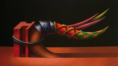 Juris Dimiters, geb. 1957, Surrealistische Komposition, Acryl/Hartfaser, rechts unten signiert und datiert 92, ca. 39x70 cm, Rahmen