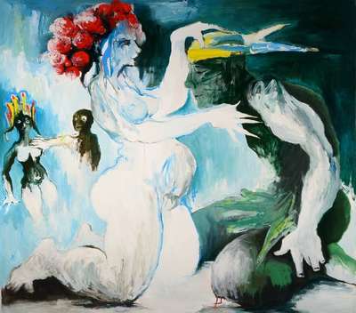 Heinz Seeber, 1930 München - 1998 Triest, "Papageno u. Papagena", Öl/Lwd, unsigniert, um 1985, rückseitig bezeichnet, ca. 102x115 cm