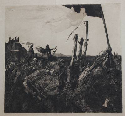 Käthe Kollwitz, 1867-1945, "Aufruhr", Radierung auf festem Papier, gedruckt nach 1898, Auflage für Emil Richter Verlag, typografische ...