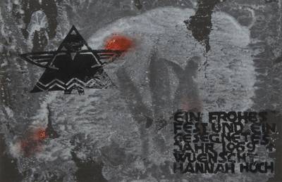 Hannah Höch, 1889-1978, Gouache und Monotypie auf grauem Karton, Weihnachtskarte, 1968, Rückseite: handschriftl. Widmung und Signatur, Blatt ca. ...
