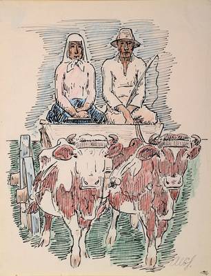 Albert Haueisen, 1872 Stuttgart-1954 Kandel/ Pfalz, kolorierte Tuschezeichnung, Weinbauern, handsigniert, PP, ca. 28,5x22,5 cm