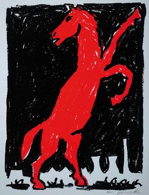 A.R. Penck, geb. 1939, Rotes Pferd, Siebdruck, handsigniert, ca. 62,5x49 cm, unter Glas gerahmt