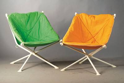 4 Falt Chairs u. Hocker, Rosenthal Einrichtungen, Entwurf Simon Desanta, 80er Jahre, Kunststoff, zusammenfaltbar, Originalrechnung von 1983, ehem. ...