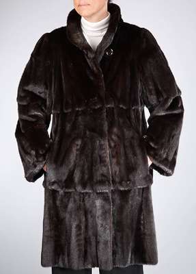 Schwarzer Nerzmantel, ROLF SCHULTE, Gr. ca. 46, Label: Saga Mink Royal Supreme Quality Ranched Mink, braun gemustertes Innenfutter, 2 ...