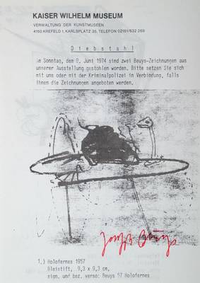 Joseph Beuys, 1921-1996, "Diebstahl", Offset, handsigniert, 1974/77, anlässlich Diebstahlsuche Kaiser Wilhelm Museum Krefeld, vgl. ...