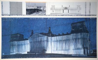Christo, geb. 1935, Wrapped Reichstag, Farboffset, drucksigniert, ca. 70x100 cm, unter Glas gerahmt