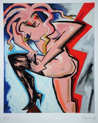 Elvira Bach, geb. 1951, "Medusa zieht ihren Strumpf an", Farbsiebdruck, handsigniert und nummeriert E.A., datiert 99, ca. 85x70 cm, unter ...