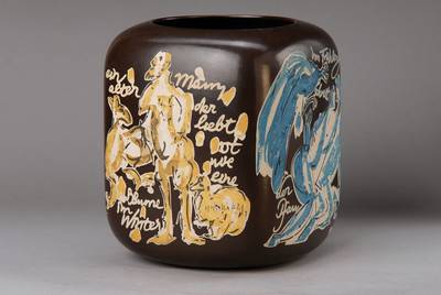 HAP Grieshaber, 1909-1981, Rosenthal Jubiläums-Vase, "Vier Jahreszeiten", Keramik braun mattiert, Figurendekor in Farbdruck, am Boden ...