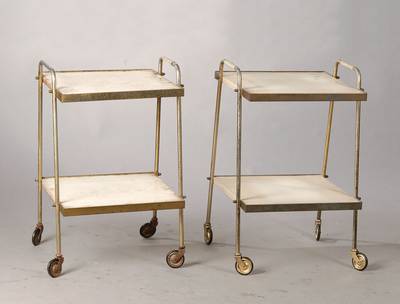 Paar Etagenwagen, Mitte 20.Jh., Lochblechetagen, zeitloses Design, unsign., Gebr.-Sch., ca. 70x48x43 cm