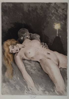 Edouard Jules Chimot, 1880-1959, 3 Radierungen, erotische Darstellung, mittig handsigniert, ca. 21.5 x 16 cm, l. gebräunt, unter Glas, Rahmen