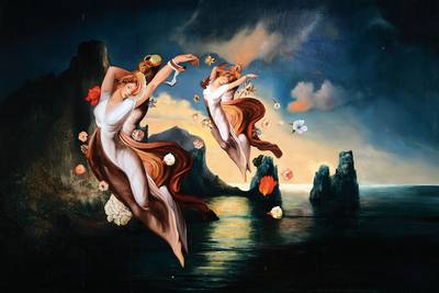Josef Vyletal, 1940-1989, "Fliegende Nymphen", Öl/Holz, handsigniert, rückseitig bezeichnet und datiert 1981, ca. 58.5x117 cm, Rahmen, ...